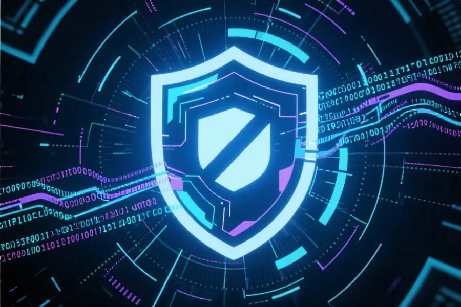 抽象风格的数字安全盾牌图案，周围环绕着数据流和加密代码，象征着平台的信息防护